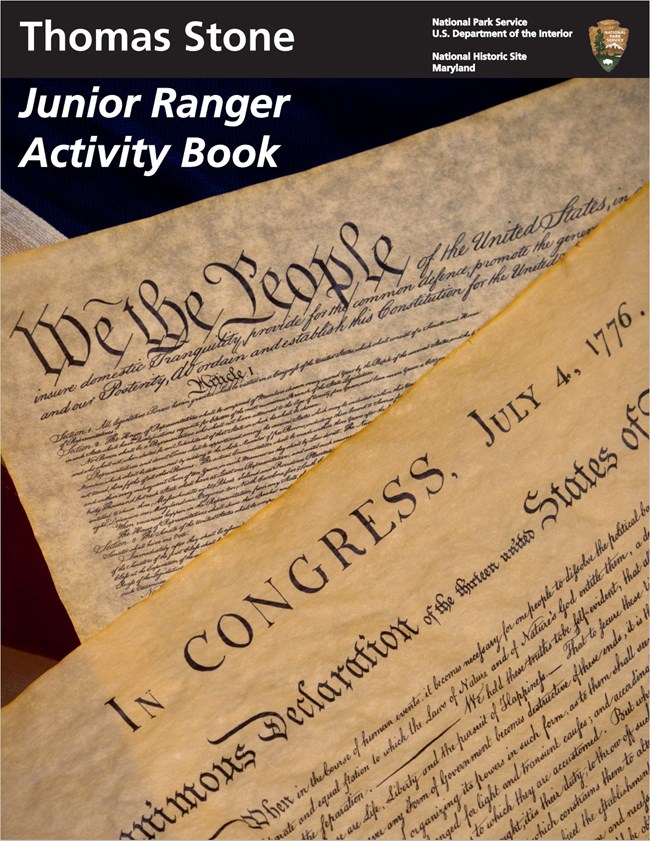 Front cover of the Junior Ranger book, The Declaration of Independence and the Bill of Rights with the title "Junior Ranger Activity Book"