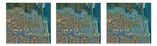 three maps showing water rising in projections