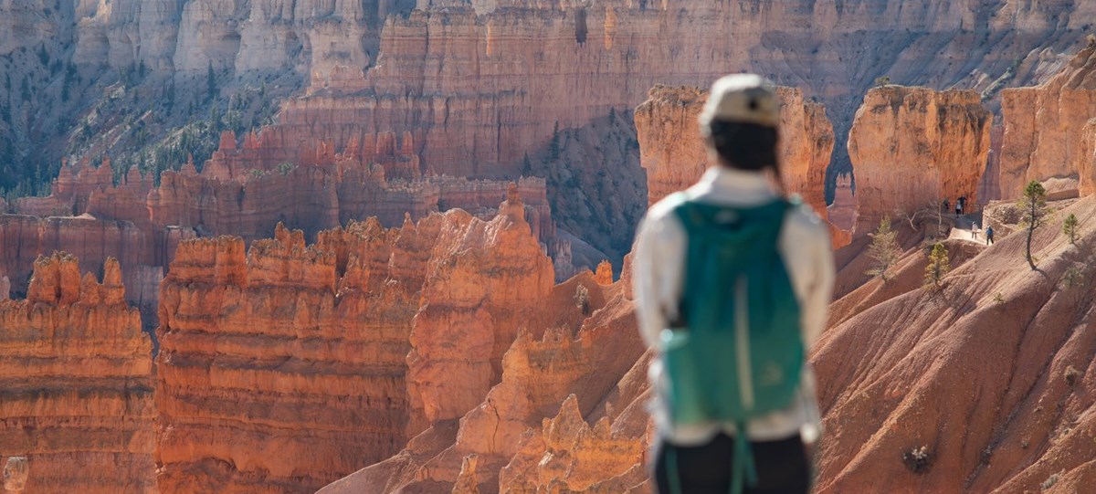 1-3 hour hikes banner A visitor looks out over a landscape of red rocks