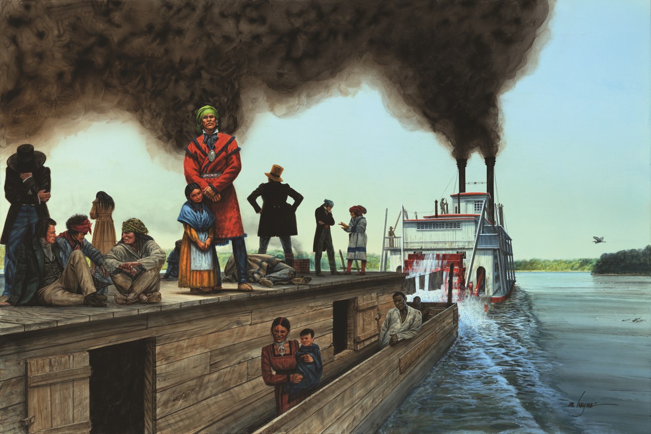 Painting depicting a Cherokee Indian man standing on a keel boat being towed by a steamboat.