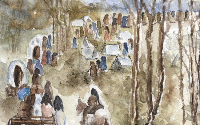 A watercolor painting of people camped in the cold, winter forest.