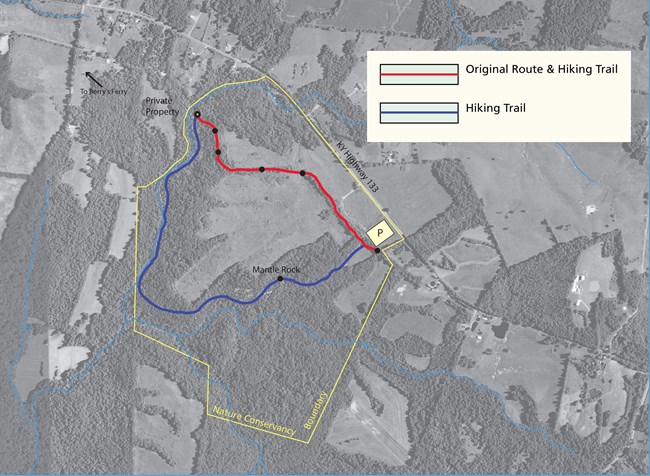 A  map of a trail through the forest, depicting a portion of which is the Trail of Tears original route.