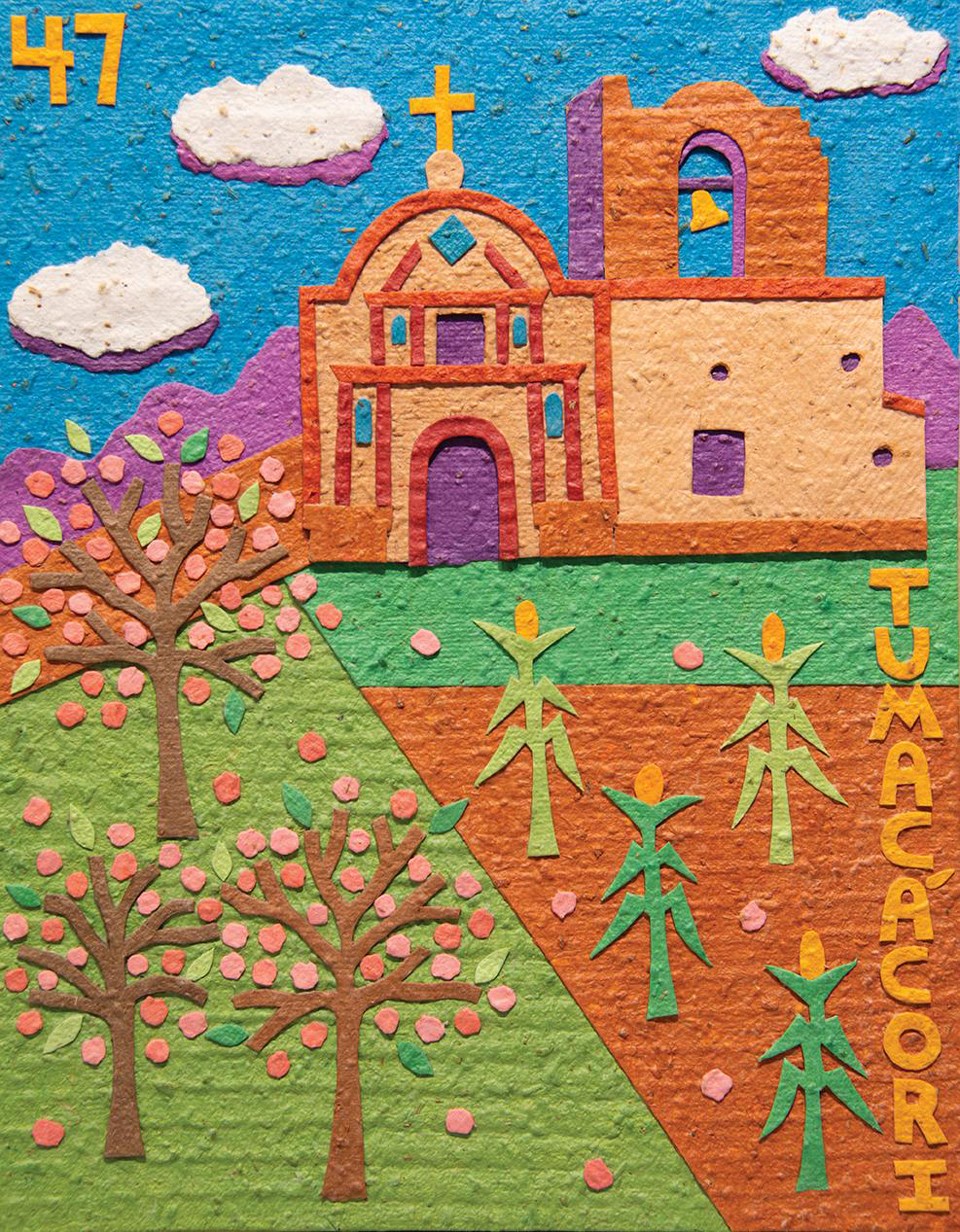 homemade paper collage of loteria card with church