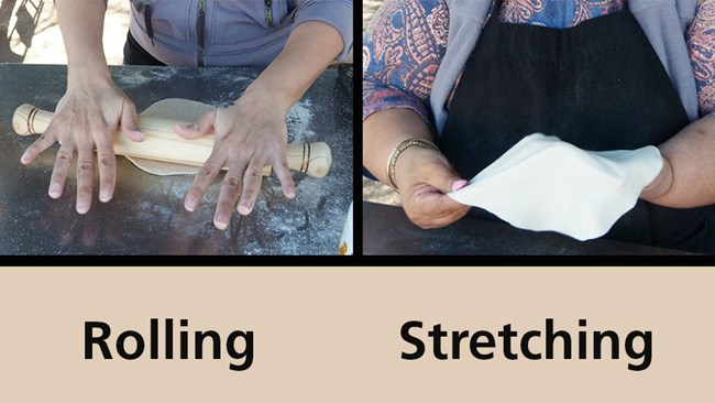 side-by-side comparison of rolling vs stretching methods of tortilla shaping