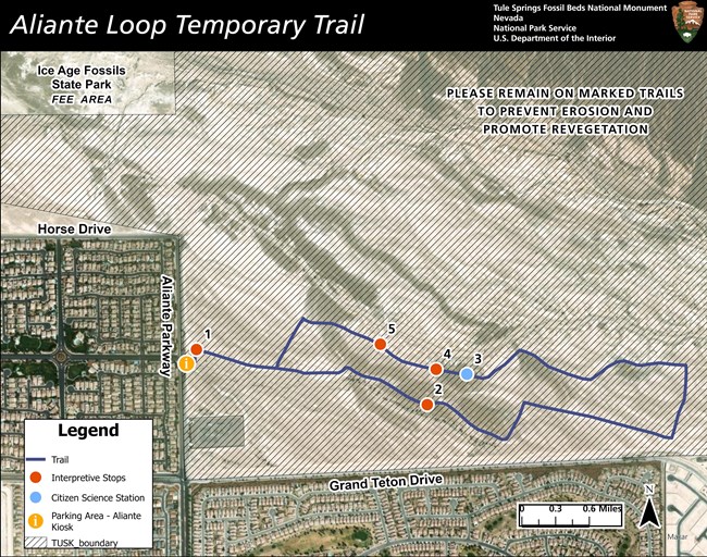 A map of the Aliante loop trail with 5 interpretive stops. "Please remain on the trail to promote revegetation and prevent erosion"