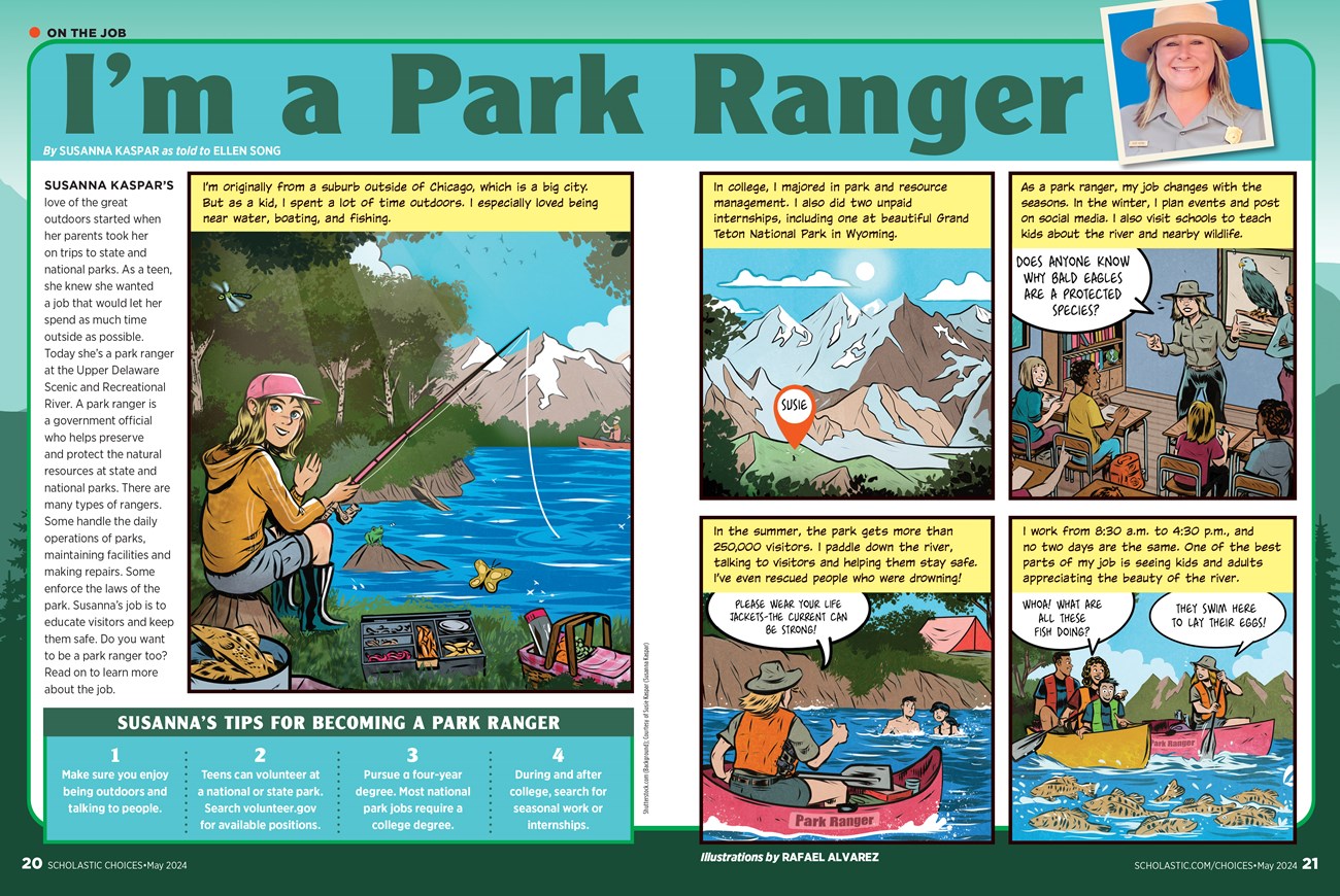 double-page comic spread of female park ranger telling about her experience as a ranger. Full description available on rest of webpage.