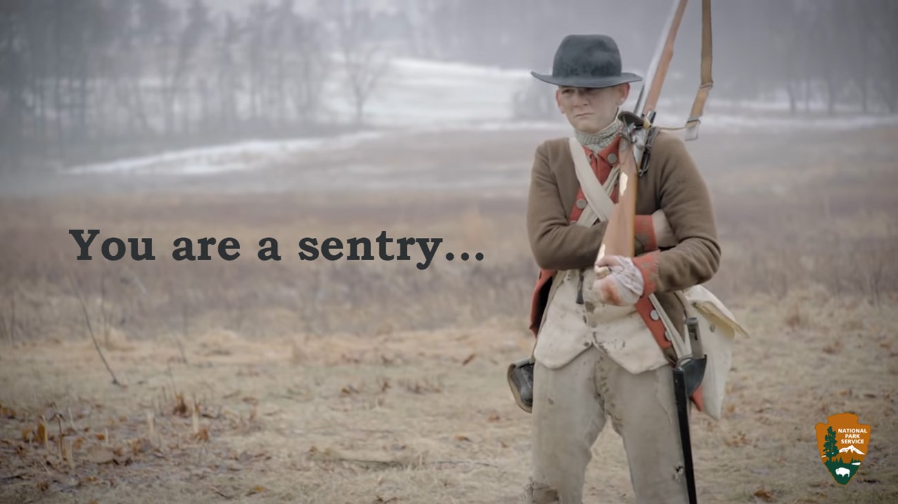 outdoors, young male soldier, mud, snow, trees, musket