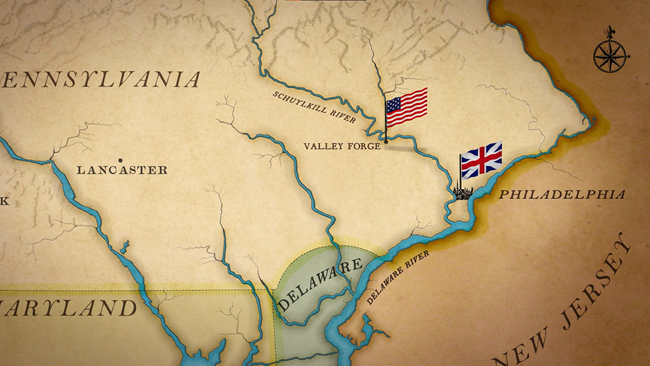 Valley Forge-Philadelphia Map map graphic showing a British flag in Philadelphia, American flag at Valley Forge