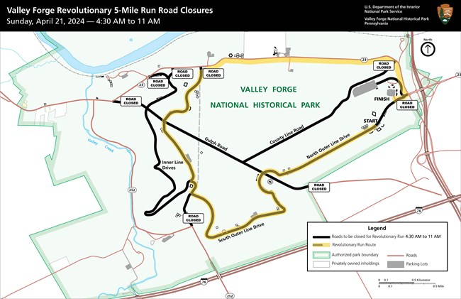 map graphic showing the race route highlighted in yellow, and the closed roads emphasized in black
