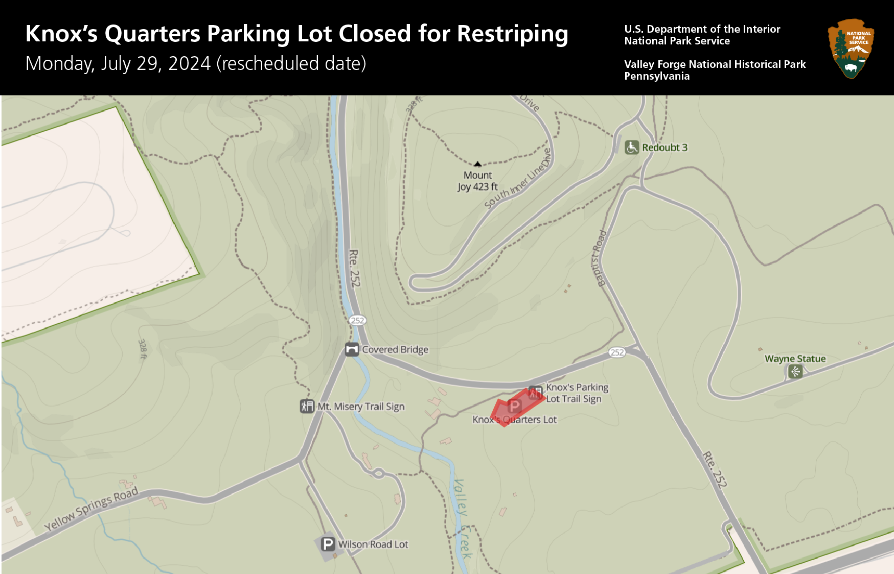a map highlighting the Knox's Quarters parking lot along Rte. 252 near Valley Creek, the Covered Bridge, Mt. Misery Trail and the Wilson Rd. parking lot.