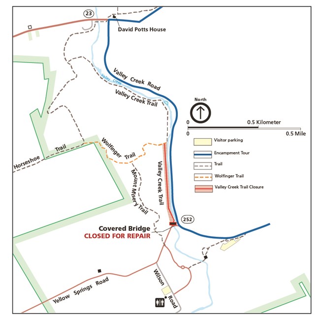 Map showing closed section of Valley Creek Trail between the Covered Bridge and the Wolfinger Trail