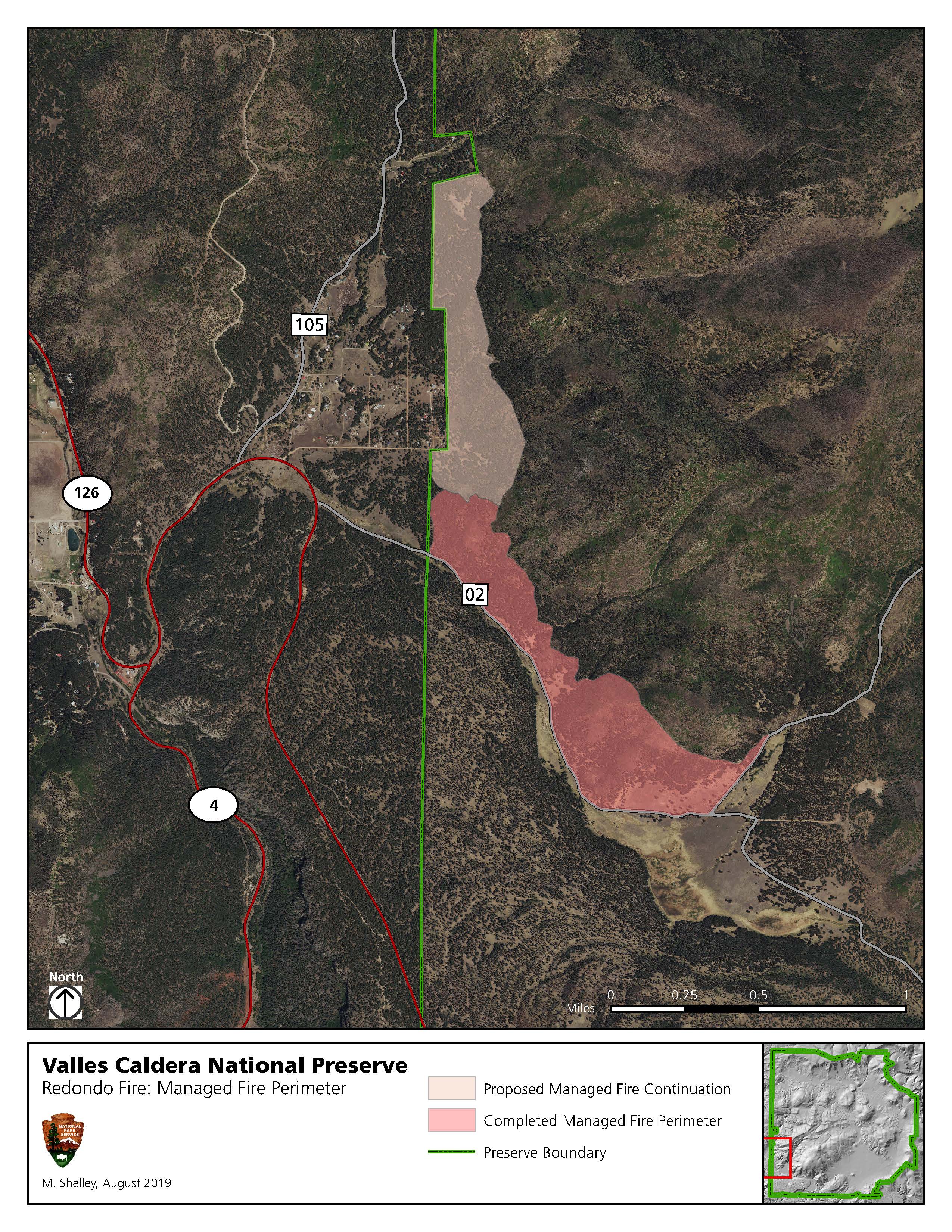 Map showing the expanded managed burn of the Redondo Fire.  Arial imagery with color coded shading.  A key below identifies which area has burned versus which area will burn.  A small outline map in the lower right demonstrates where the fire will take pl