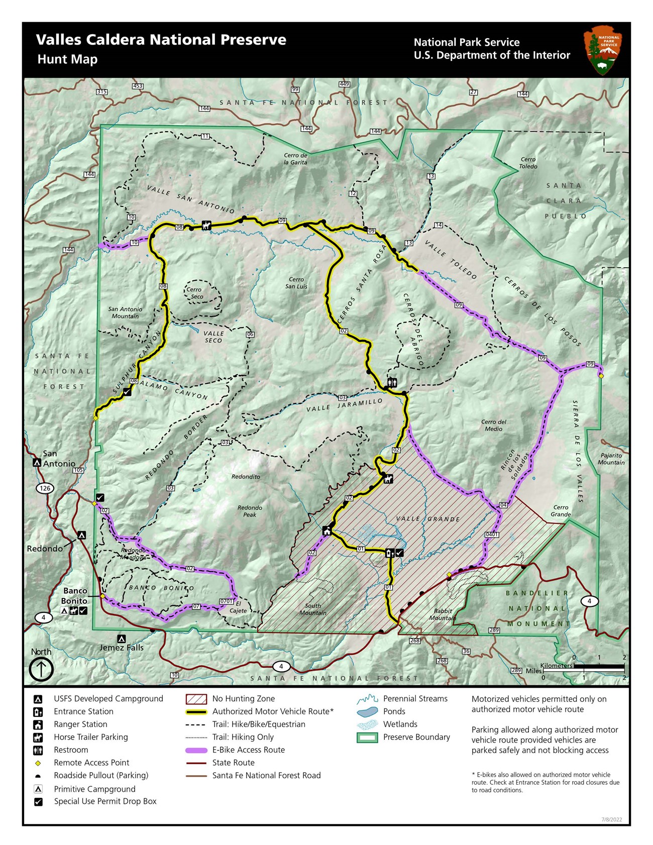 A color-coded map showing hunting zones and no-hunting zones at Valles Caldera National Preserve. All park roads, Valle Grande, Redondo Peak, Rabbit Mountain, and South Mountain are off-limits for hunting.