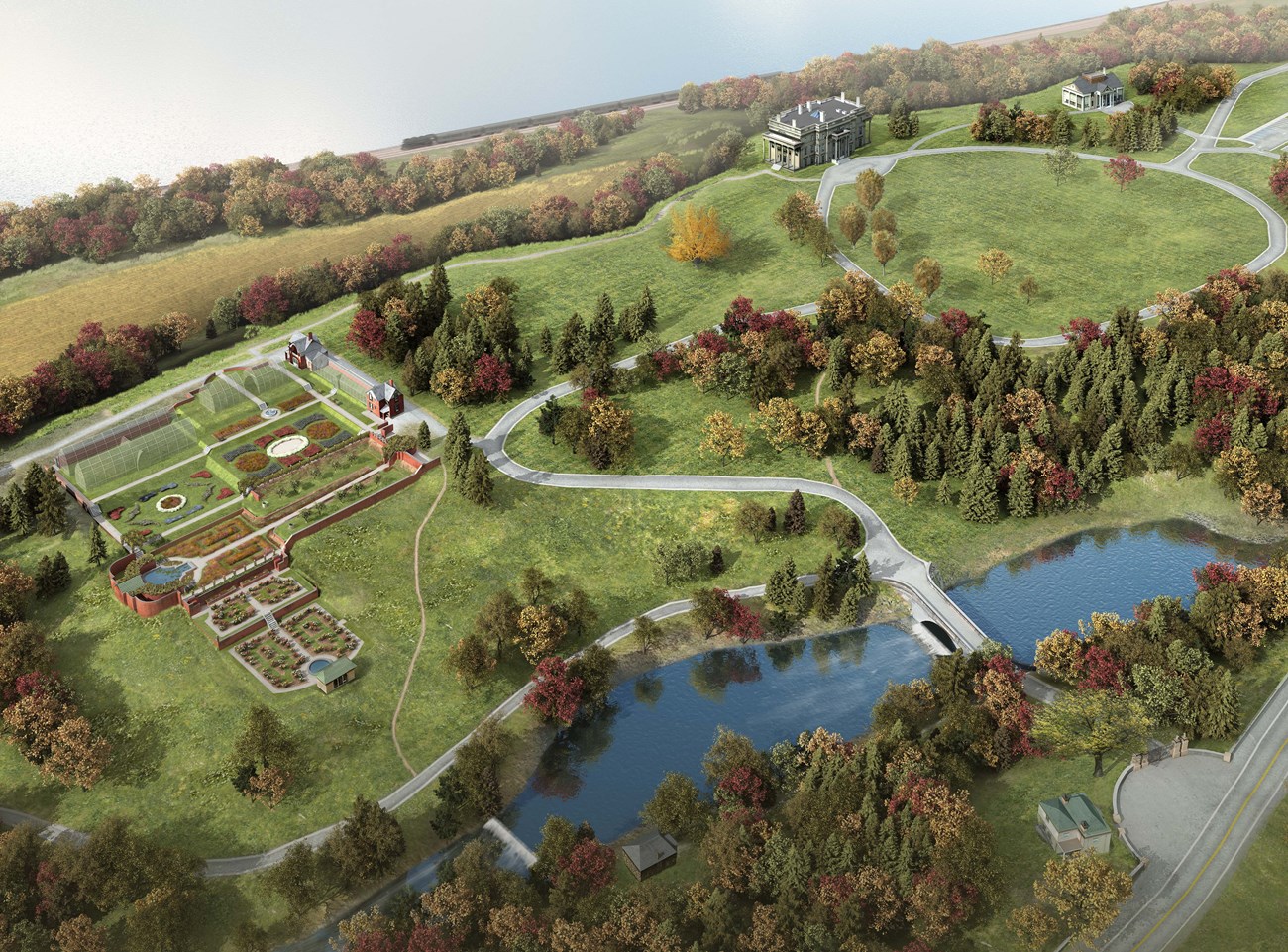 An artist's rendering of a birdseye view of the park.