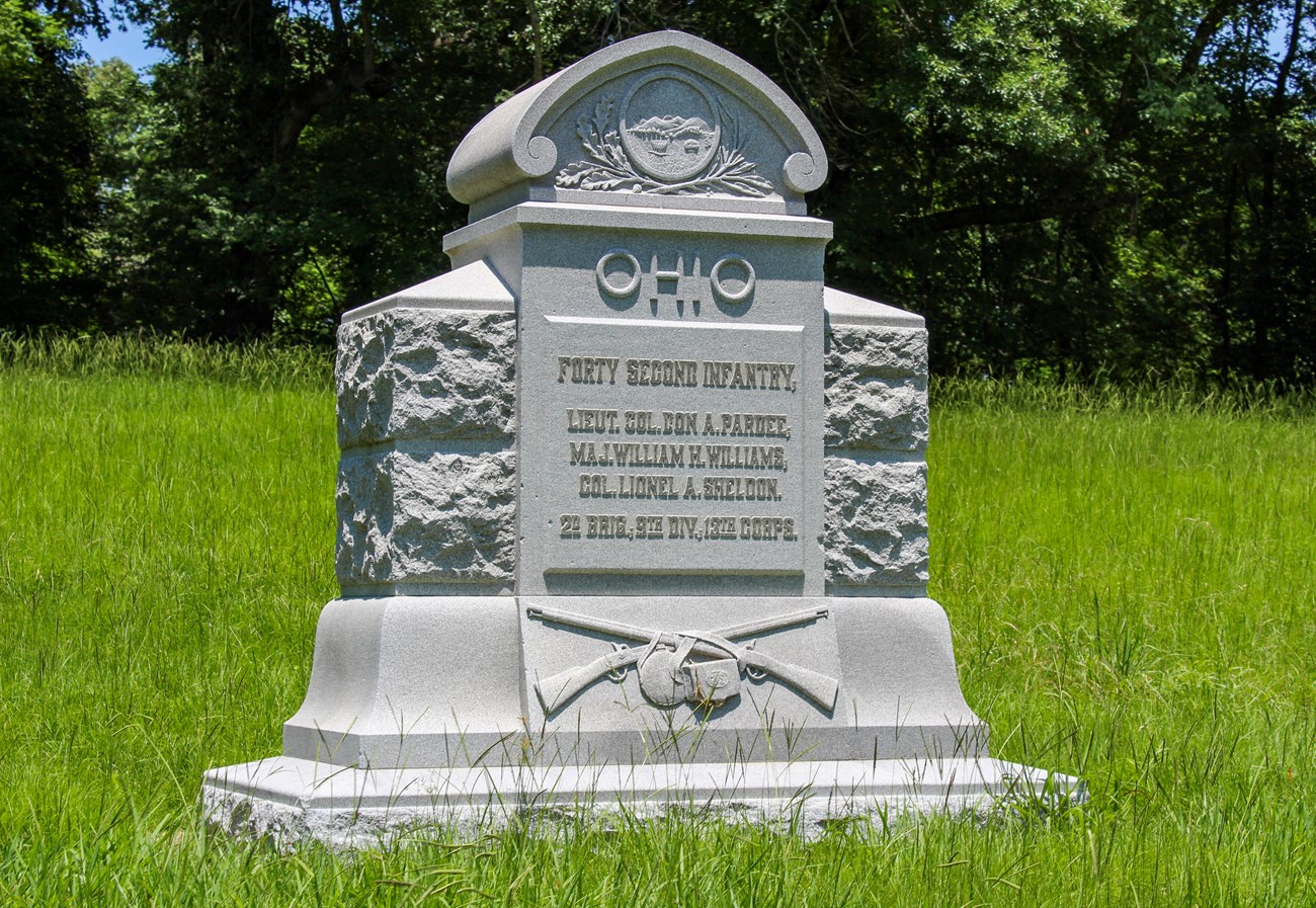 A stone monument honoring the 42nd Ohio Infantry