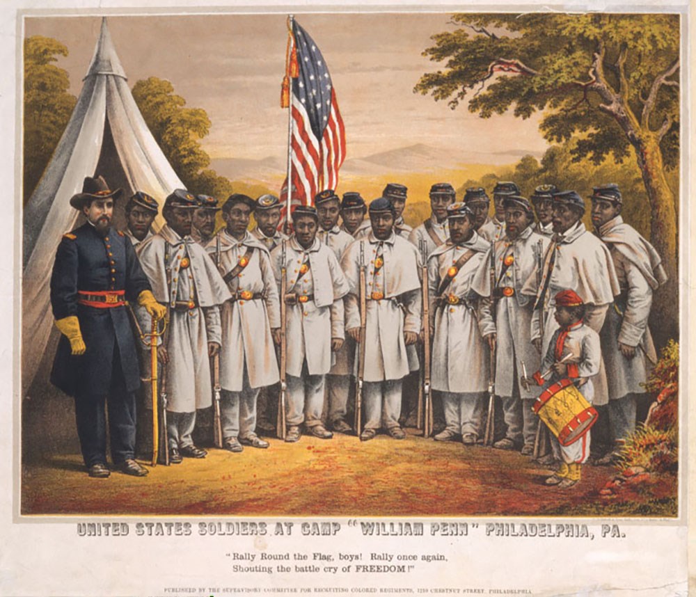 A colorized poster of Black soldiers standing in camp.