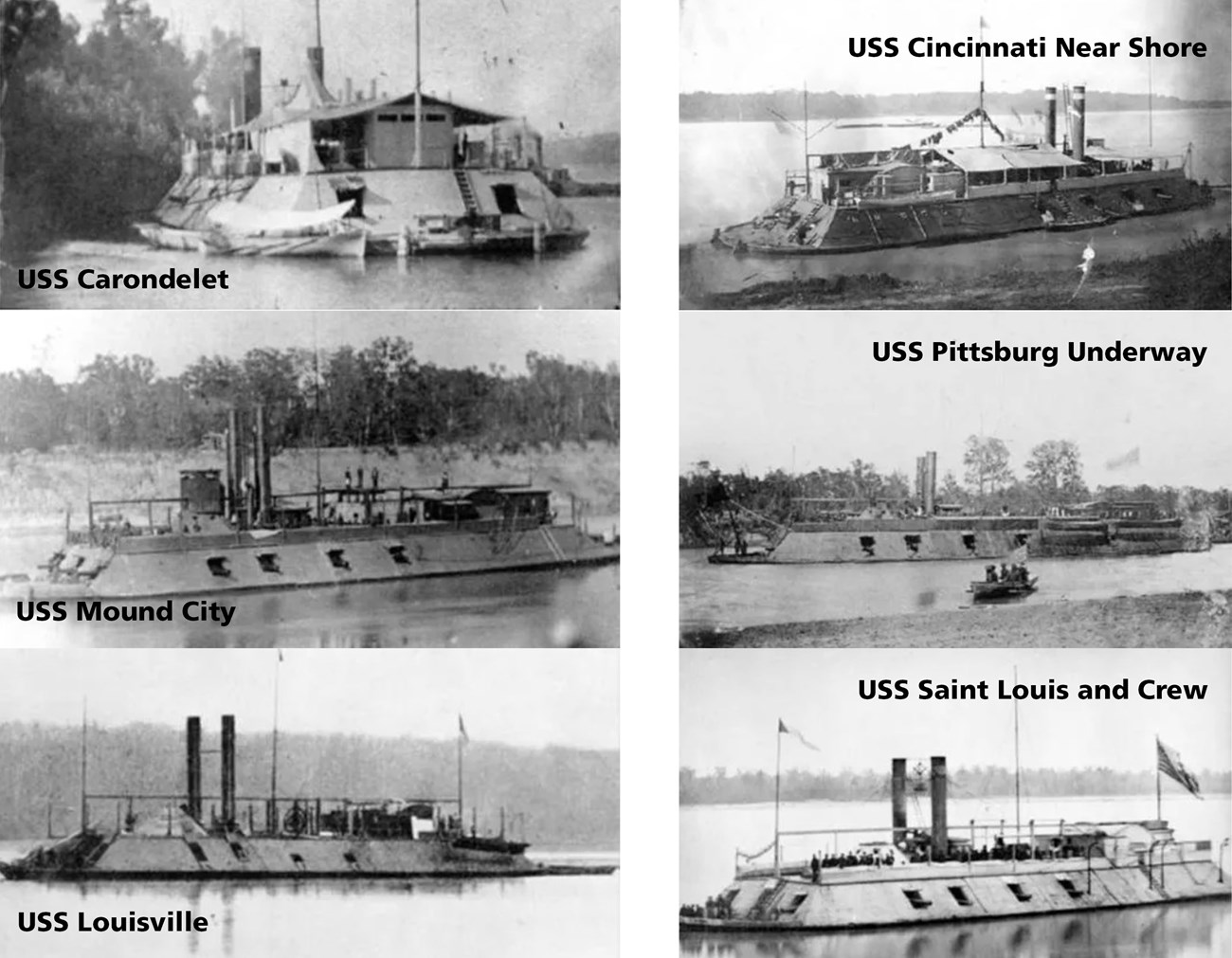 Six images depicting six ironclads in the water