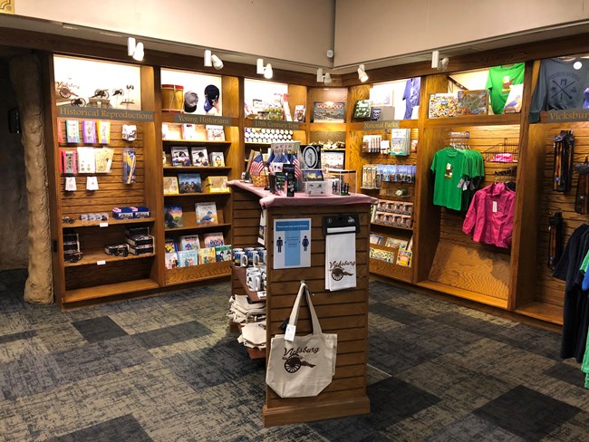 Book case with various park products for sale in the visitor center