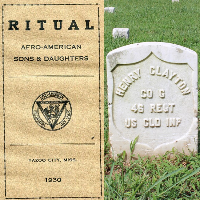 On left a page from a book with the text Ritual, Afro-American Sons & Daughters, Yazoo City, 1930. On right a white stone grave marker engraved with Henry Clayton, Co. G. 46th REGT, US CLD INF