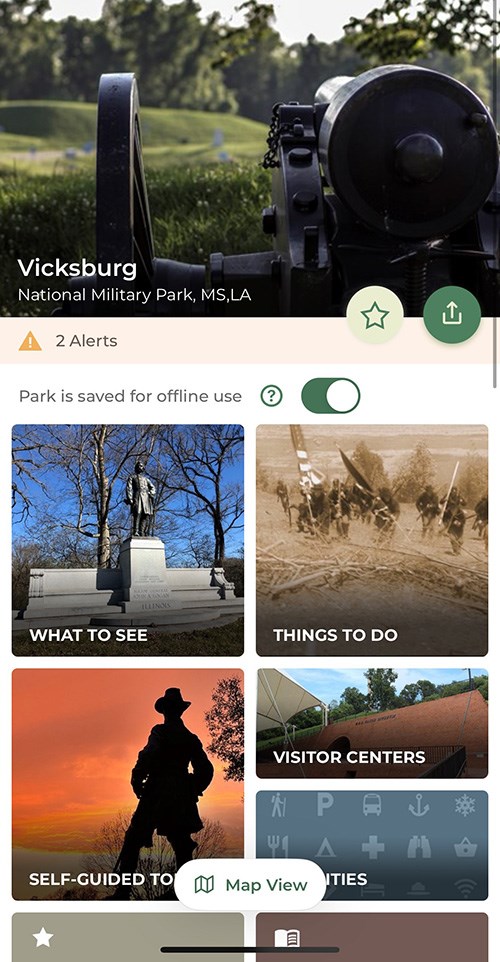 The home screen of the NPS App for Vicksburg NMP