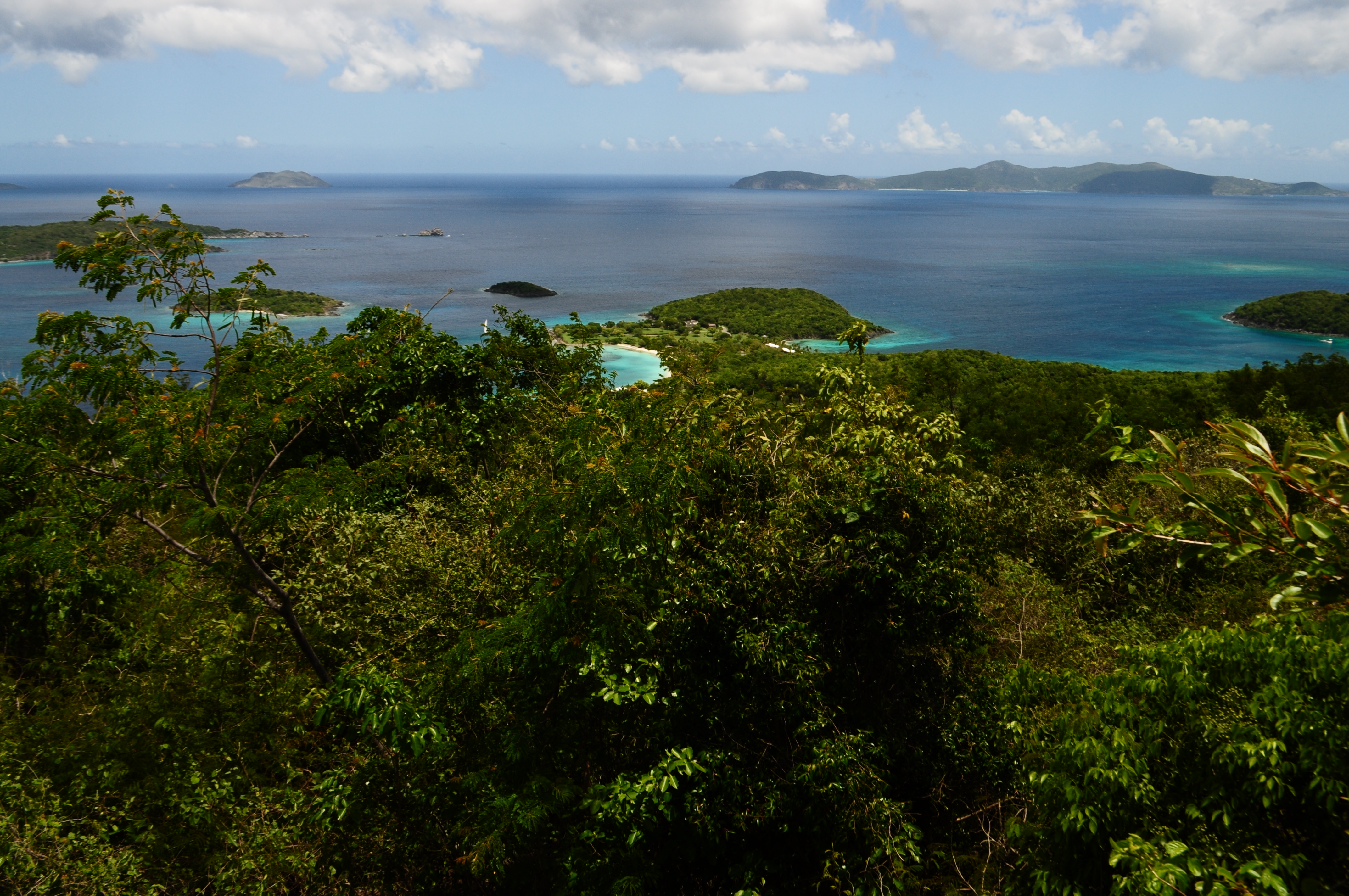 The green forested hillsides of Turtle Point cut into the blue waters of Virgin Islands National Park underneath a partly cloudy sky.