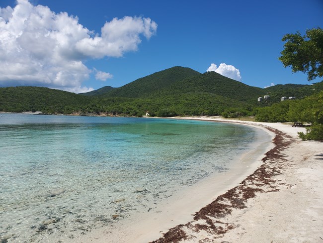 The calm, crystal clear water of Salt Pond Bay laps up against the white sand beach as the green rolling hills of St. John stretch off into the distance below blue skies and puffy white clouds.