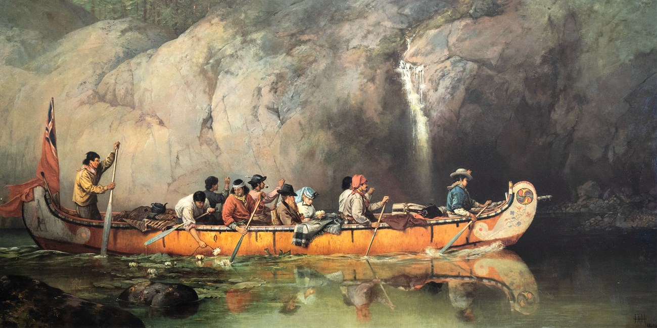 Painting by Anne Frances Hopkins, Canoe manned by Voyageurs Passing a Waterfall, 1869