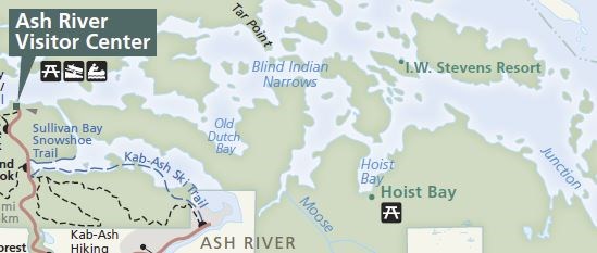 This map shows the approximate location of the Hoist Bay and I.W. Stevens Cabin locations
