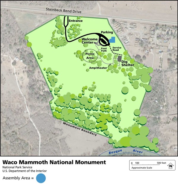 Map of Waco Mammoth National Monument showing structures and Public Assembly Area