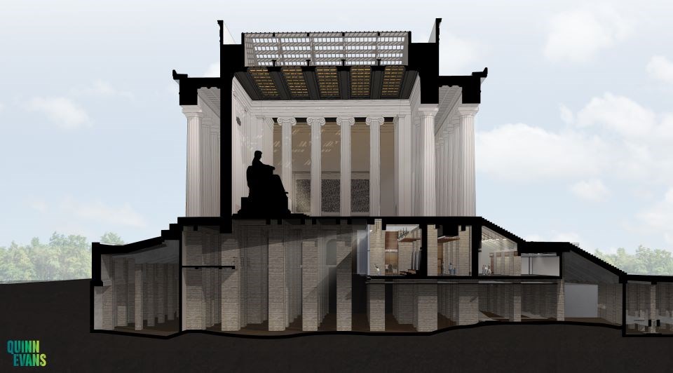 A cross section of the Lincoln Memorial, showing its foundation pillars and new exhibit space