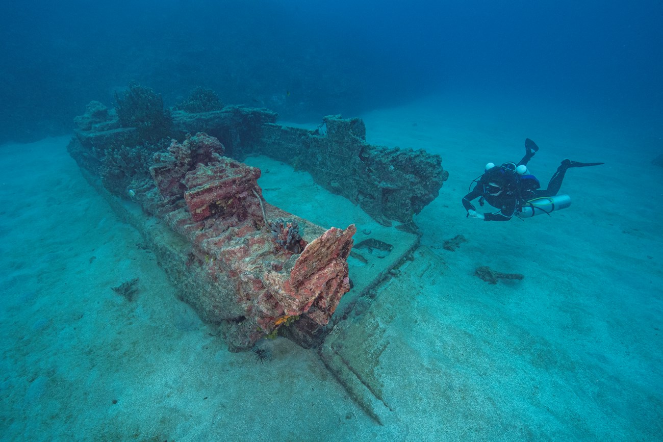 A woman scuba diving next to the wreck of an Amtrac amphibious tractor