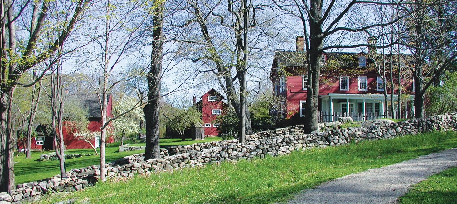 Three red buildings - the Weir House, Weir Studio, and Young Studio, at Weir Farm NHP