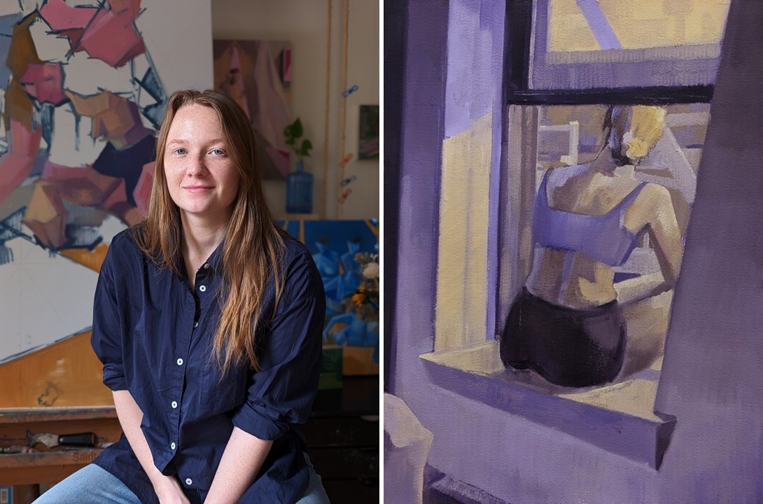 Image of artist Sonja Haroldson seated on a stool in her studio on the left and an image of one of her paintings on the right