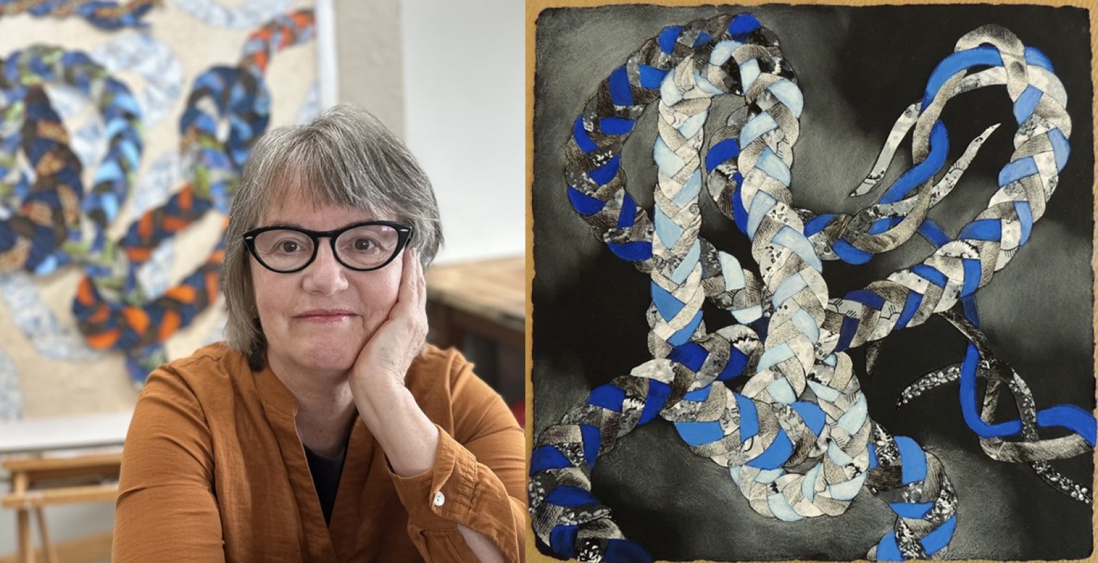 To the left, a headshot of artist Carla Stetson in her studio, to the right, an image of one of her mixed media art pieces