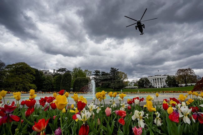 HMX Helicopter Over the White House South Fountain Marine One, with President Joe Biden aboard, lifts off from the South Lawn of the White House, April 5, 2024