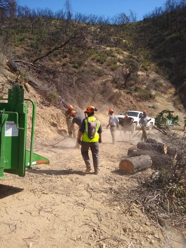 Park maintenance staff removing dangerous hazard trees from South Shore Drive as part of the post-Carr Fire reopening effort. NPS Photo.