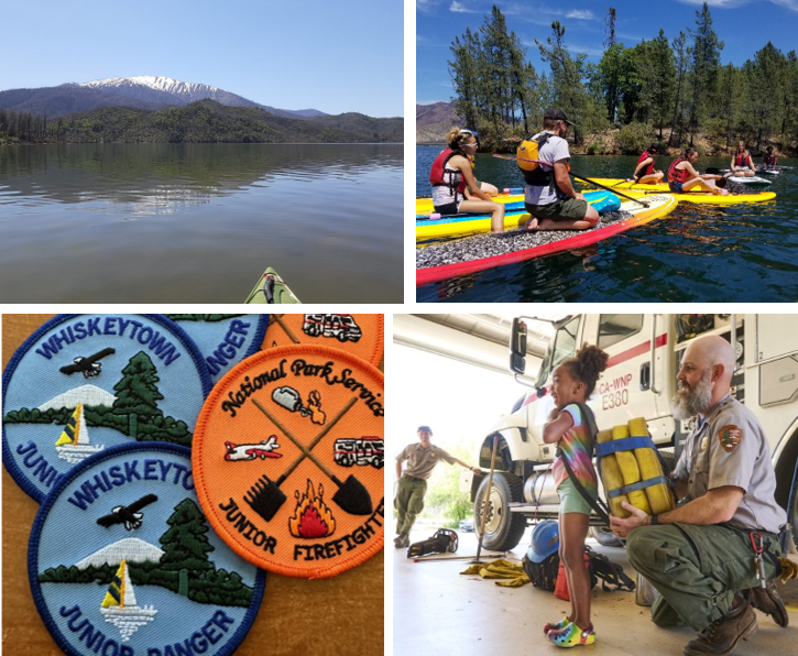 Two images of Kayak tours, an image of our Junior Ranger badges, and a Junior Firefighter carrying a hose on her back.