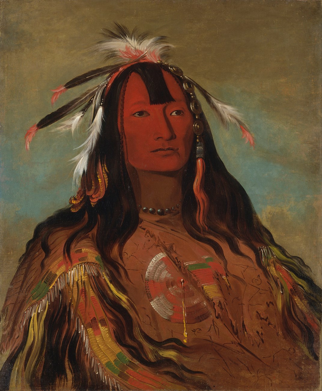 painted portrait of a native american man with feathers and other ornamentation in his hair wearing a fringed buckskin shirt with yellow, red, white, and green beadwork