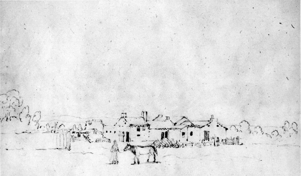 Simple black and white sketch of a T-shaped building with trees in the background and a person leading a horse in the foreground