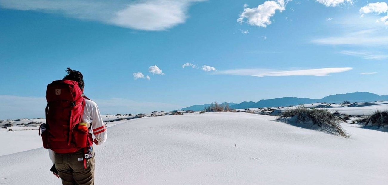 a person with a red backpack and holding a cell phone stands on the edge of a white dune field with mountains seen in the distance.
