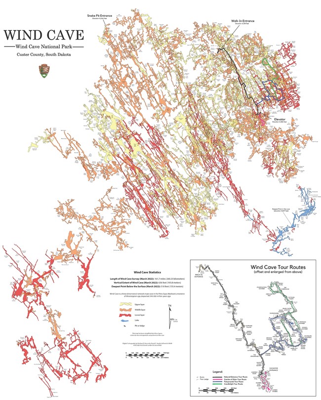 Image of a map of Wind Cave with passages of varying sizes mostly trending from upper left to lower right.  Different colors indicate different depths below the surface.