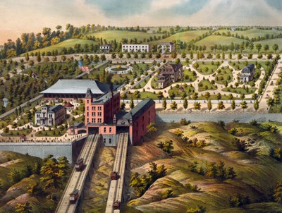Colorful portrait of Price Hill landscape with incline plane rail in center
