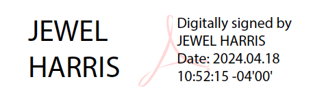 Digital signature with text reading as follows, Approved: Jewel Harris, Digitally signed by Jewel Harris, Date: 2024.04.18, Superintendent