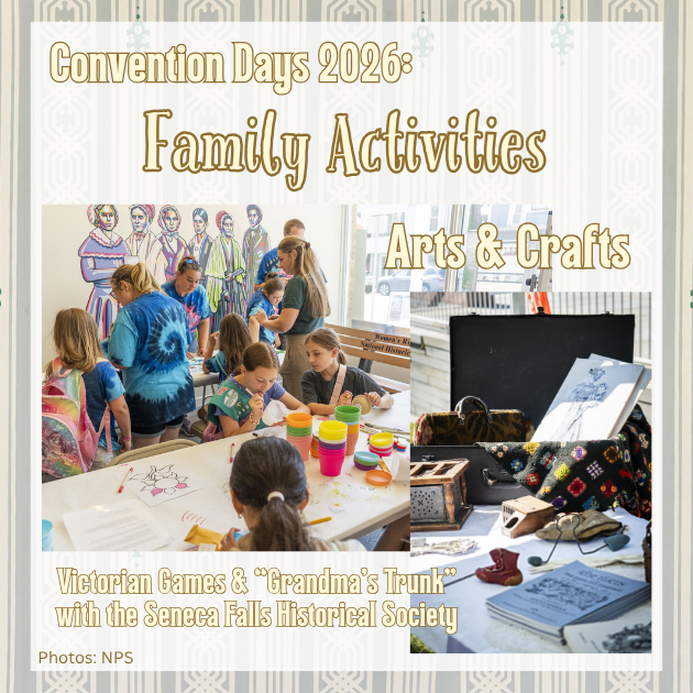 Families clustered around tables coloring and doing other activities, and a photo of a historical items set around a steamer trunk