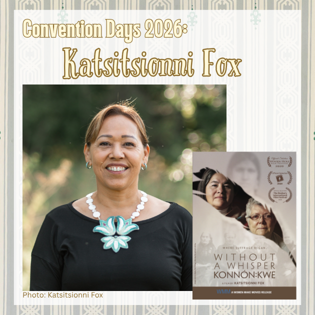 A photo of Convention Days 2026 presenter Katsitsionni Fox, alongside the cover of her film Without A Whisper - Konnon:kwe