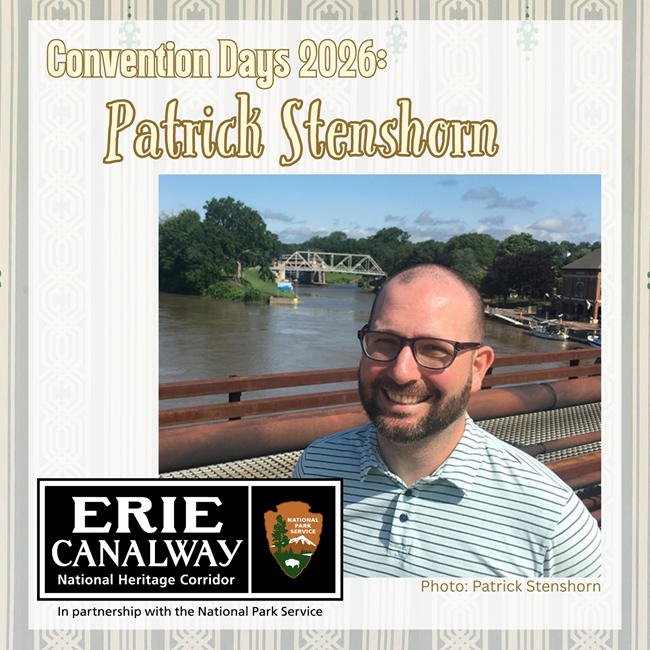 Presenter Patrick Stenshorn stands on a bridge over a section of the Erie Canal. The Erie Canalway National Heritage Corridor logo rests in the corner.