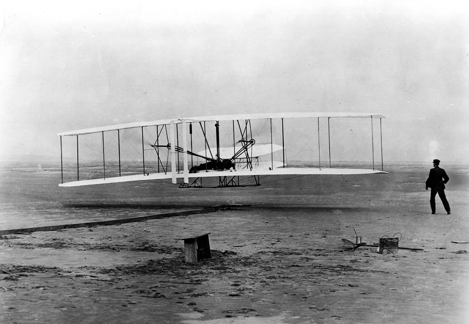 Orville Wright taking off during the Wright brothers' first successful flight
