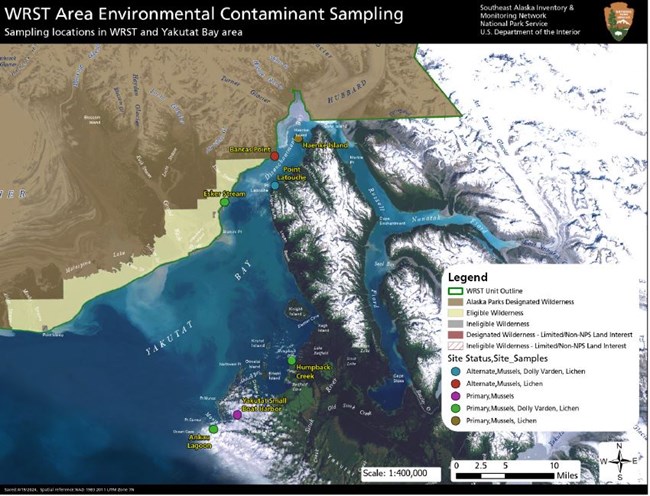 map of the study area in Yakutat showing colored dots of the sample sites