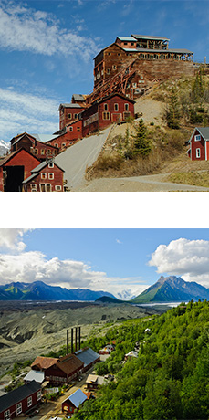 One image of historic, wood Kennecott Mill Building. One image of historic buildings, forest, glaciers, and mountains.