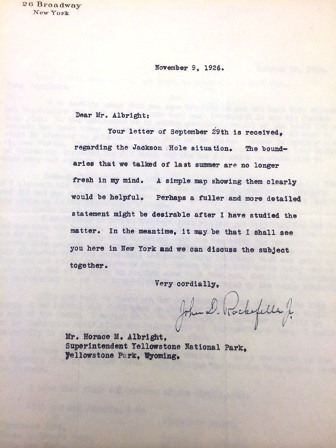 Letter from John D. Rockefeller to Horace Albright, 1926.